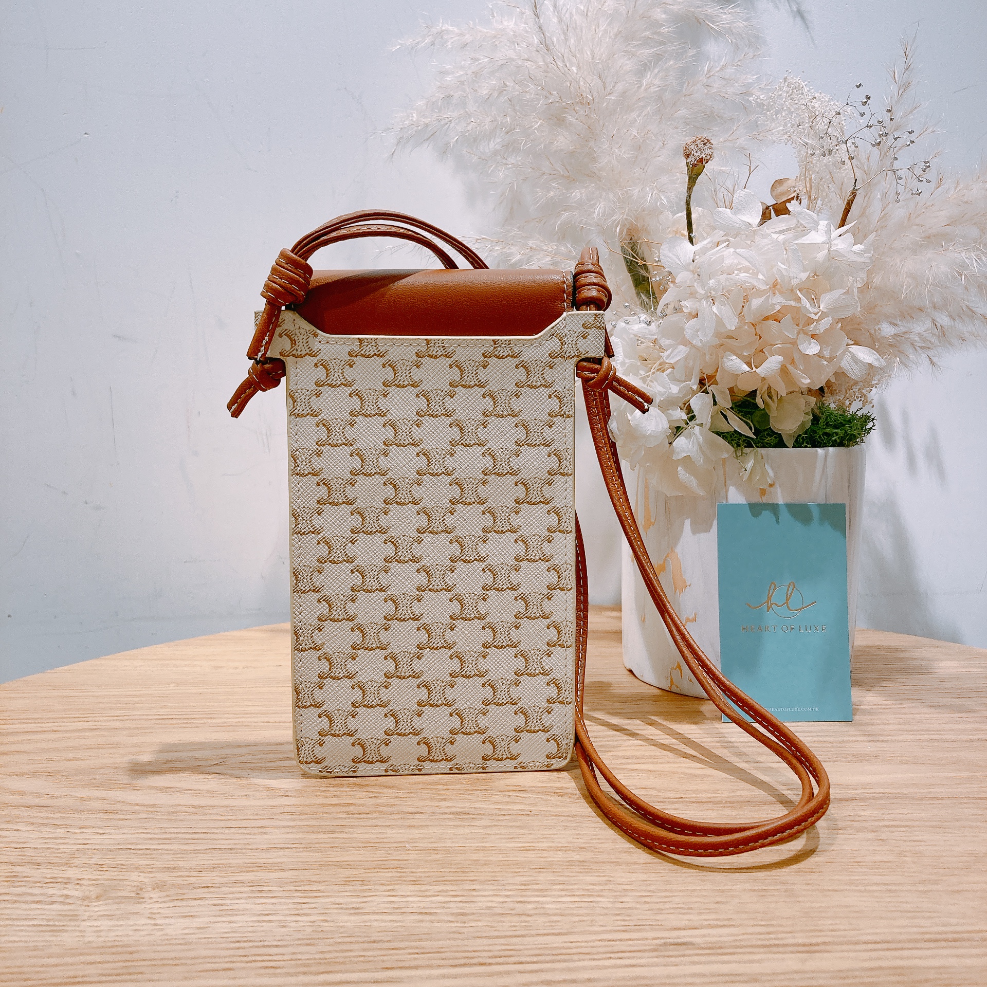 Celine Phone Pouch With Flap In Triomphe Canvas White x Tan