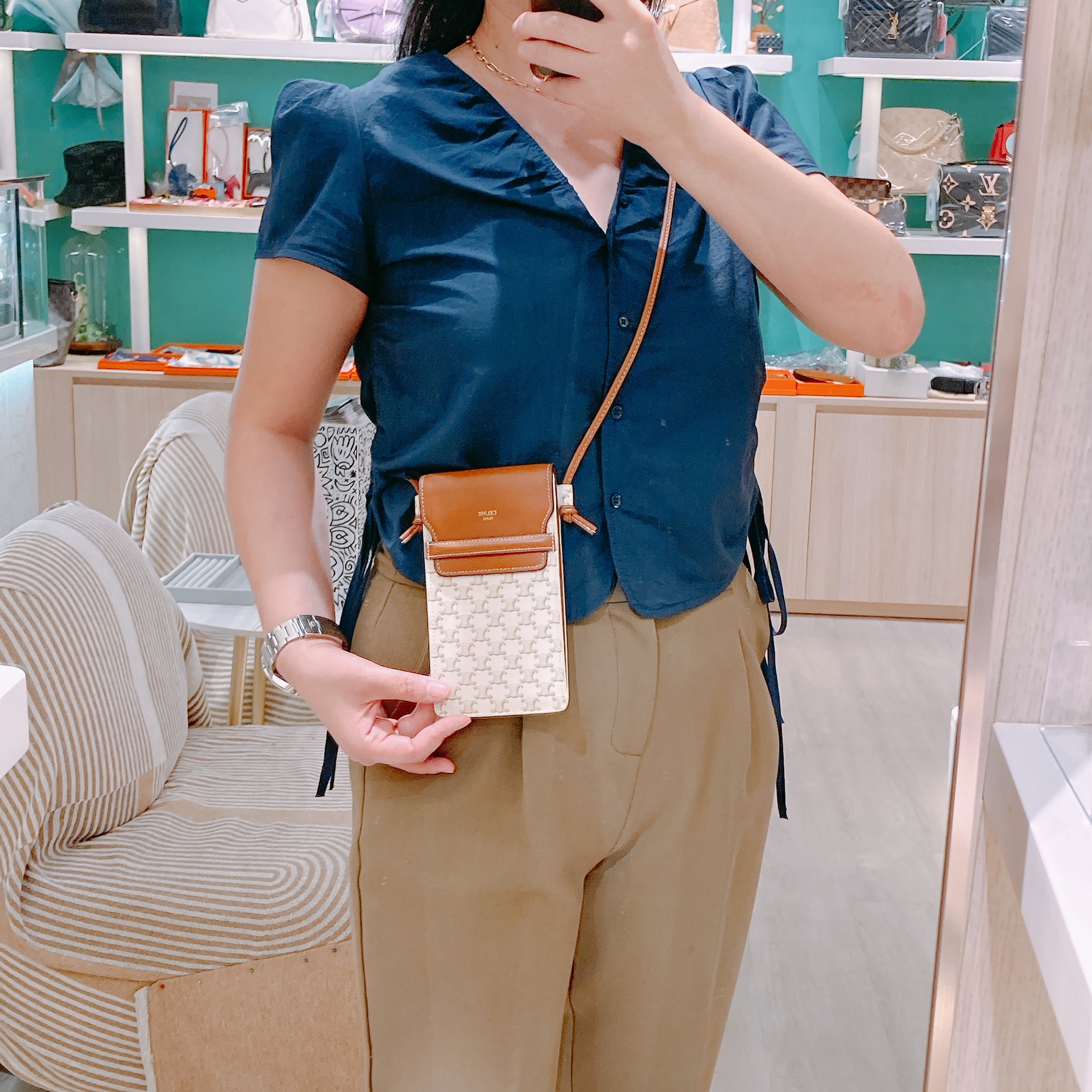 Celine Phone Pouch With Flap In Triomphe Canvas White x Tan Celine Phone Pouch With Flap In Triomphe Canvas White x Tan