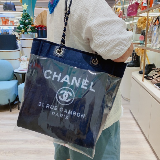 Authentic Chanel Deauville Dark Blue Denim Large Shopping Tote Bag